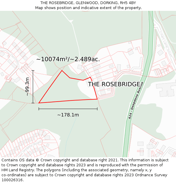 THE ROSEBRIDGE, GLENWOOD, DORKING, RH5 4BY: Plot and title map