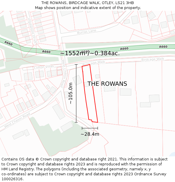 THE ROWANS, BIRDCAGE WALK, OTLEY, LS21 3HB: Plot and title map