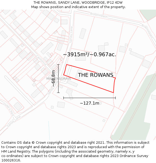 THE ROWANS, SANDY LANE, WOODBRIDGE, IP12 4DW: Plot and title map