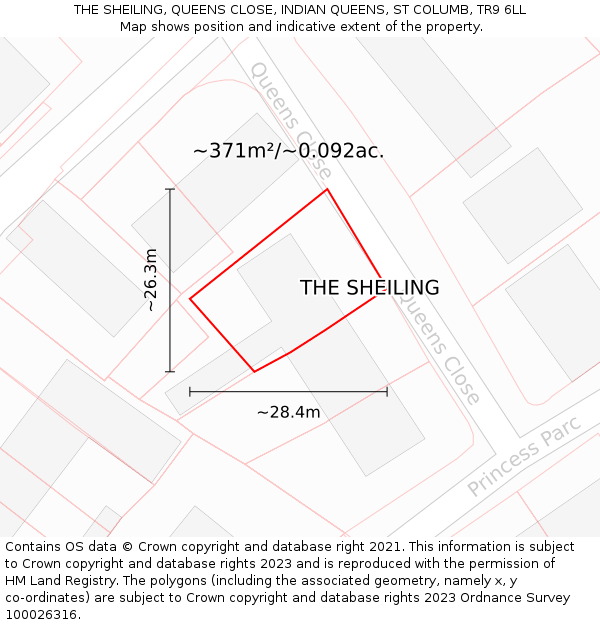 THE SHEILING, QUEENS CLOSE, INDIAN QUEENS, ST COLUMB, TR9 6LL: Plot and title map