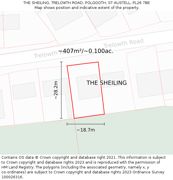 THE SHEILING, TRELOWTH ROAD, POLGOOTH, ST AUSTELL, PL26 7BE: Plot and title map