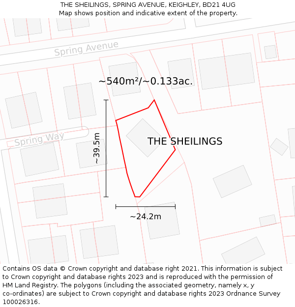 THE SHEILINGS, SPRING AVENUE, KEIGHLEY, BD21 4UG: Plot and title map