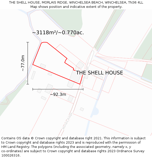 THE SHELL HOUSE, MORLAIS RIDGE, WINCHELSEA BEACH, WINCHELSEA, TN36 4LL: Plot and title map
