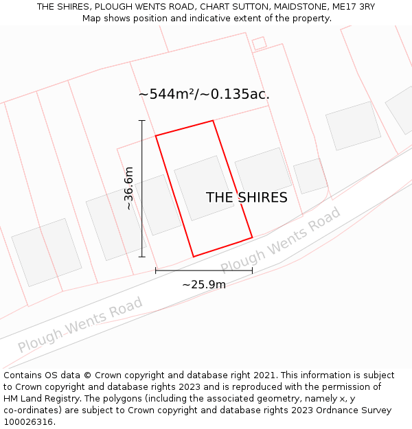 THE SHIRES, PLOUGH WENTS ROAD, CHART SUTTON, MAIDSTONE, ME17 3RY: Plot and title map