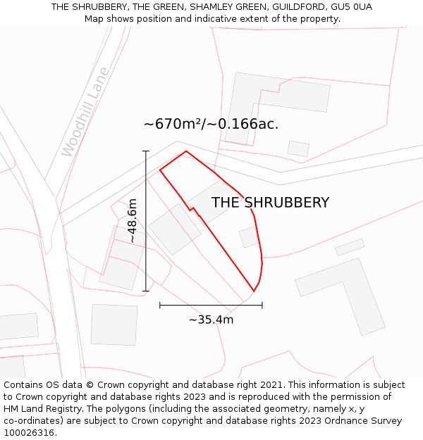 THE SHRUBBERY, THE GREEN, SHAMLEY GREEN, GUILDFORD, GU5 0UA: Plot and title map