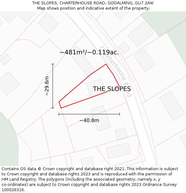 THE SLOPES, CHARTERHOUSE ROAD, GODALMING, GU7 2AW: Plot and title map