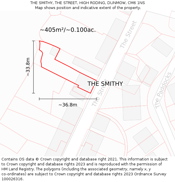 THE SMITHY, THE STREET, HIGH RODING, DUNMOW, CM6 1NS: Plot and title map