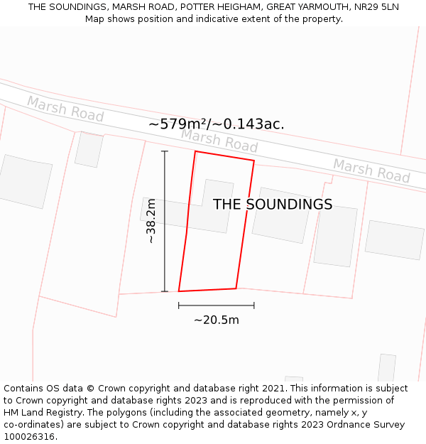 THE SOUNDINGS, MARSH ROAD, POTTER HEIGHAM, GREAT YARMOUTH, NR29 5LN: Plot and title map