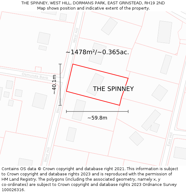 THE SPINNEY, WEST HILL, DORMANS PARK, EAST GRINSTEAD, RH19 2ND: Plot and title map