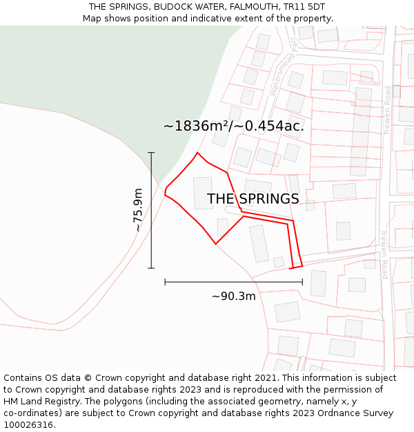 THE SPRINGS, BUDOCK WATER, FALMOUTH, TR11 5DT: Plot and title map