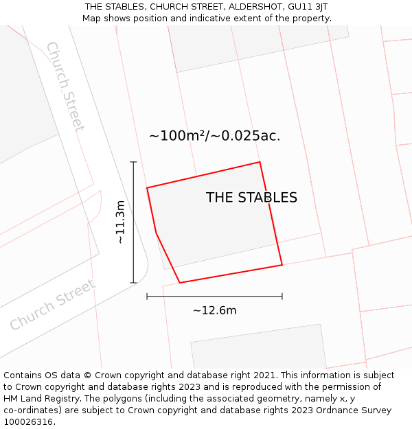THE STABLES, CHURCH STREET, ALDERSHOT, GU11 3JT: Plot and title map