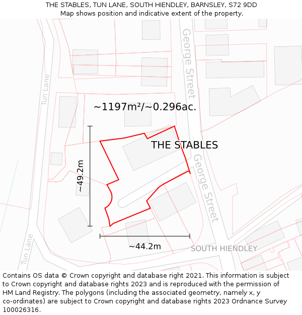 THE STABLES, TUN LANE, SOUTH HIENDLEY, BARNSLEY, S72 9DD: Plot and title map