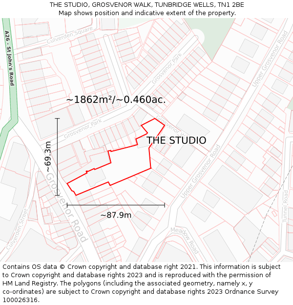 THE STUDIO, GROSVENOR WALK, TUNBRIDGE WELLS, TN1 2BE: Plot and title map