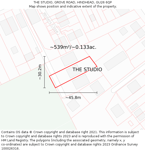 THE STUDIO, GROVE ROAD, HINDHEAD, GU26 6QP: Plot and title map