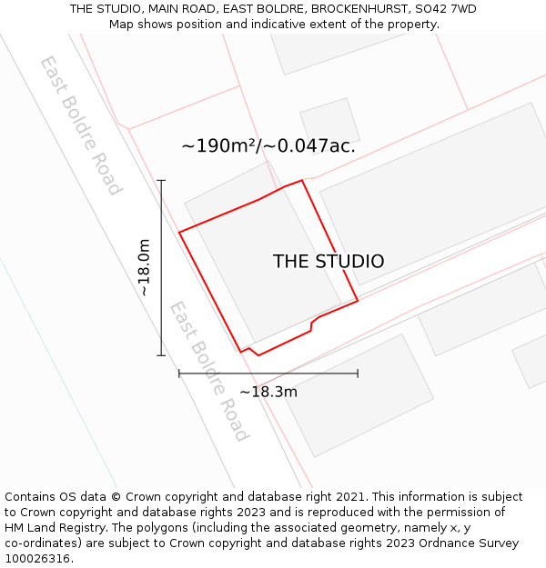 THE STUDIO, MAIN ROAD, EAST BOLDRE, BROCKENHURST, SO42 7WD: Plot and title map