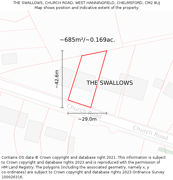 THE SWALLOWS, CHURCH ROAD, WEST HANNINGFIELD, CHELMSFORD, CM2 8UJ: Plot and title map