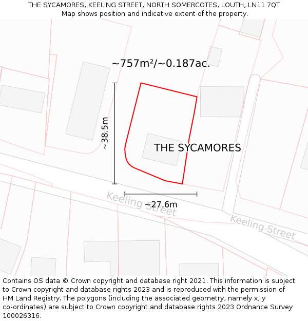 THE SYCAMORES, KEELING STREET, NORTH SOMERCOTES, LOUTH, LN11 7QT: Plot and title map