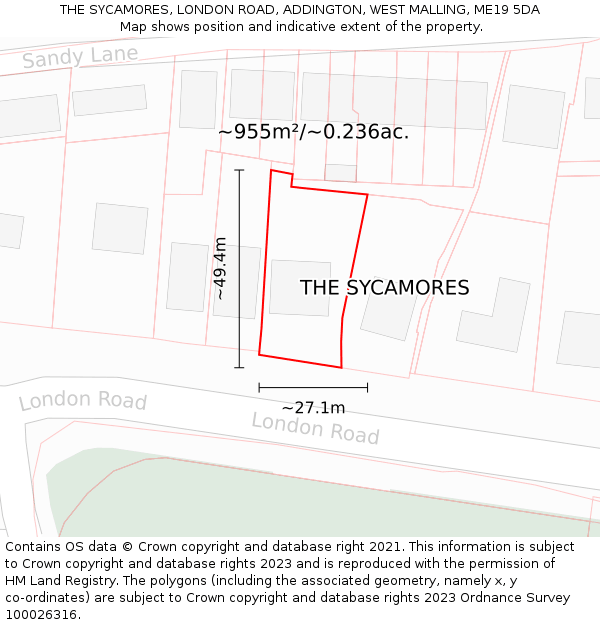 THE SYCAMORES, LONDON ROAD, ADDINGTON, WEST MALLING, ME19 5DA: Plot and title map