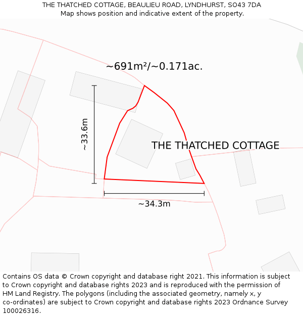 THE THATCHED COTTAGE, BEAULIEU ROAD, LYNDHURST, SO43 7DA: Plot and title map