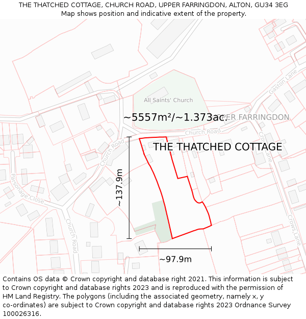 THE THATCHED COTTAGE, CHURCH ROAD, UPPER FARRINGDON, ALTON, GU34 3EG: Plot and title map