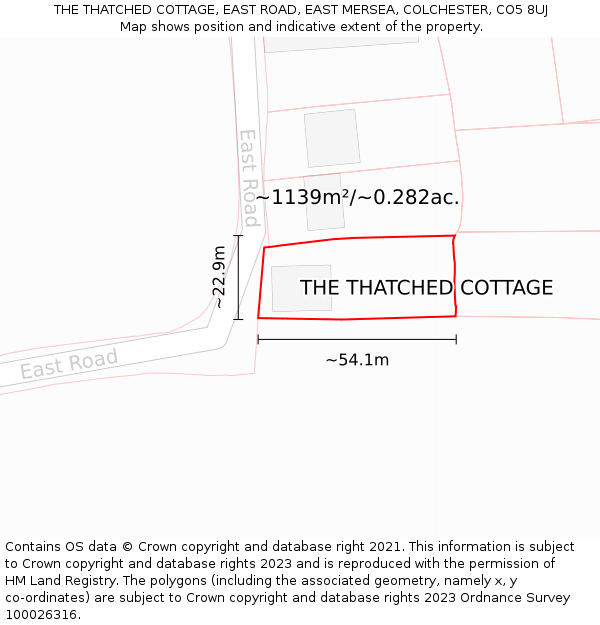 THE THATCHED COTTAGE, EAST ROAD, EAST MERSEA, COLCHESTER, CO5 8UJ: Plot and title map