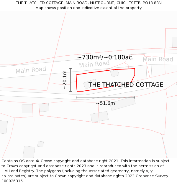 THE THATCHED COTTAGE, MAIN ROAD, NUTBOURNE, CHICHESTER, PO18 8RN: Plot and title map