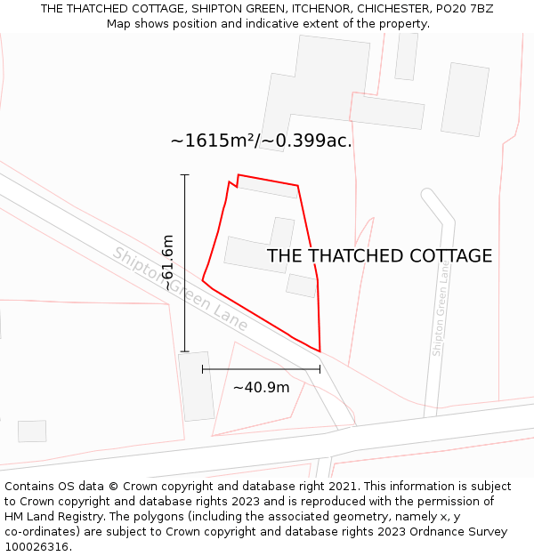 THE THATCHED COTTAGE, SHIPTON GREEN, ITCHENOR, CHICHESTER, PO20 7BZ: Plot and title map