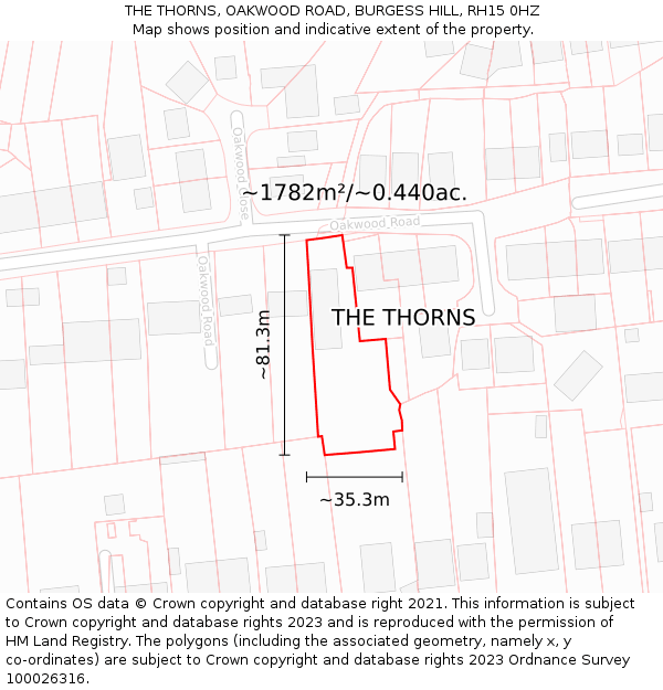 THE THORNS, OAKWOOD ROAD, BURGESS HILL, RH15 0HZ: Plot and title map