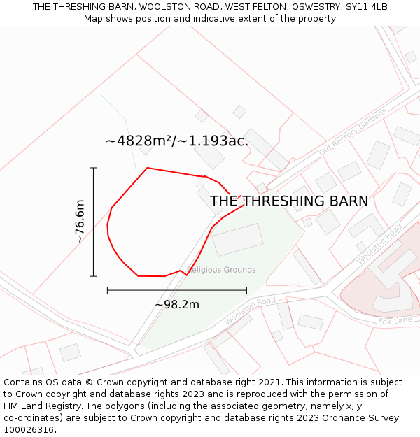 THE THRESHING BARN, WOOLSTON ROAD, WEST FELTON, OSWESTRY, SY11 4LB: Plot and title map