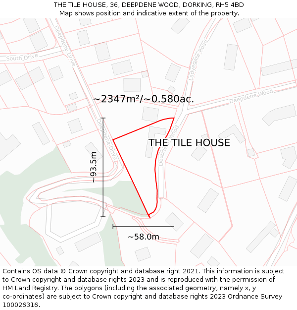 THE TILE HOUSE, 36, DEEPDENE WOOD, DORKING, RH5 4BD: Plot and title map