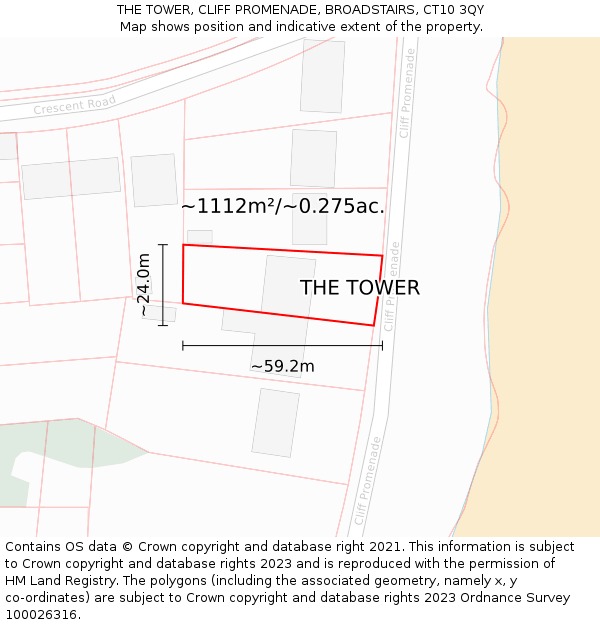 THE TOWER, CLIFF PROMENADE, BROADSTAIRS, CT10 3QY: Plot and title map