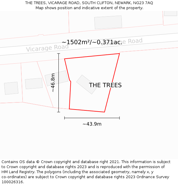 THE TREES, VICARAGE ROAD, SOUTH CLIFTON, NEWARK, NG23 7AQ: Plot and title map