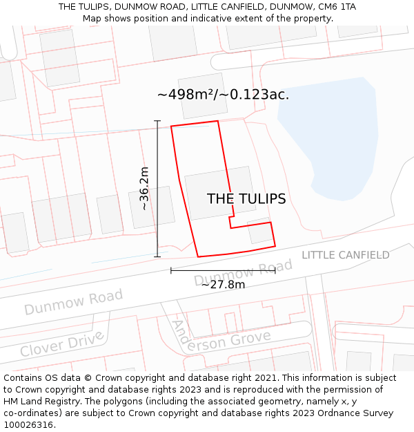 THE TULIPS, DUNMOW ROAD, LITTLE CANFIELD, DUNMOW, CM6 1TA: Plot and title map