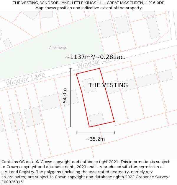 THE VESTING, WINDSOR LANE, LITTLE KINGSHILL, GREAT MISSENDEN, HP16 0DP: Plot and title map