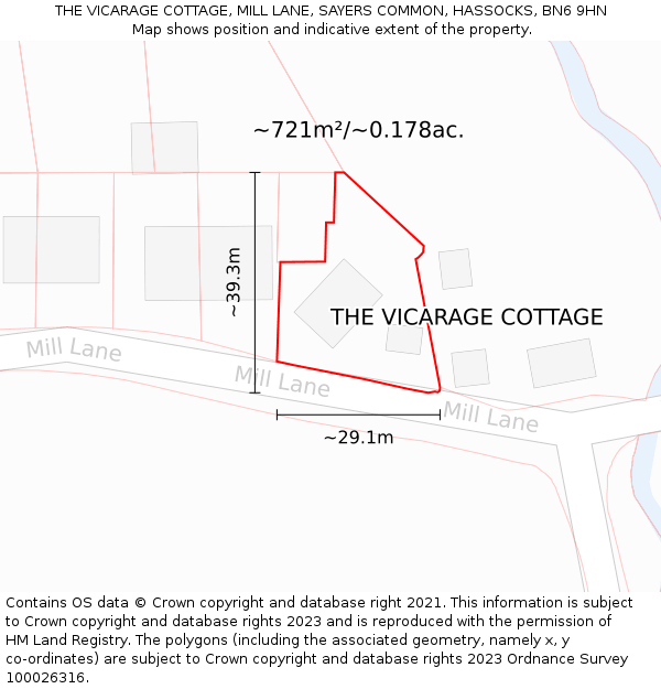 THE VICARAGE COTTAGE, MILL LANE, SAYERS COMMON, HASSOCKS, BN6 9HN: Plot and title map