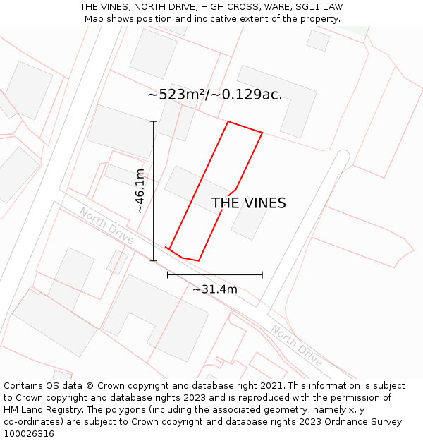 THE VINES, NORTH DRIVE, HIGH CROSS, WARE, SG11 1AW: Plot and title map