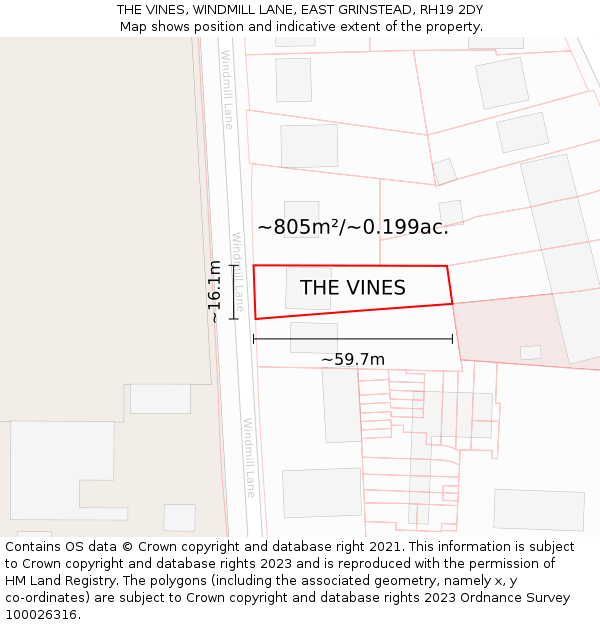 THE VINES, WINDMILL LANE, EAST GRINSTEAD, RH19 2DY: Plot and title map