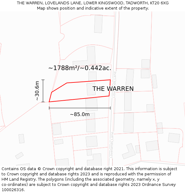 THE WARREN, LOVELANDS LANE, LOWER KINGSWOOD, TADWORTH, KT20 6XG: Plot and title map