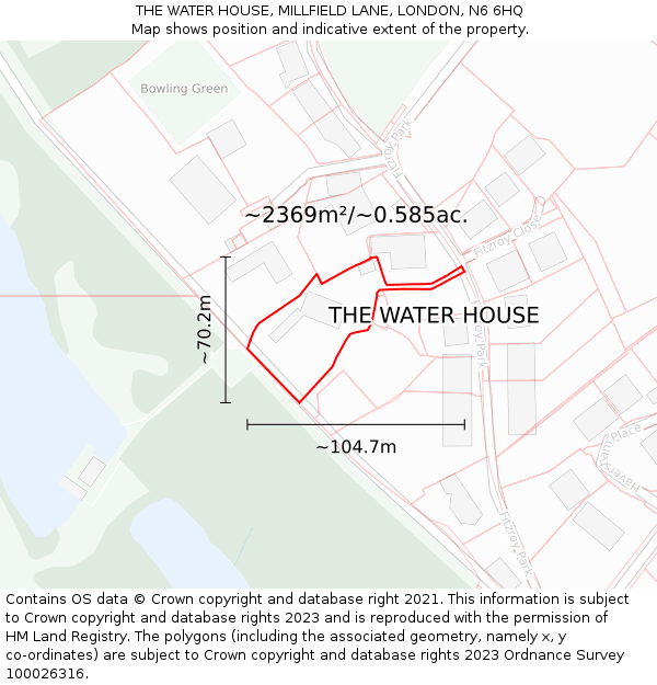 THE WATER HOUSE, MILLFIELD LANE, LONDON, N6 6HQ: Plot and title map