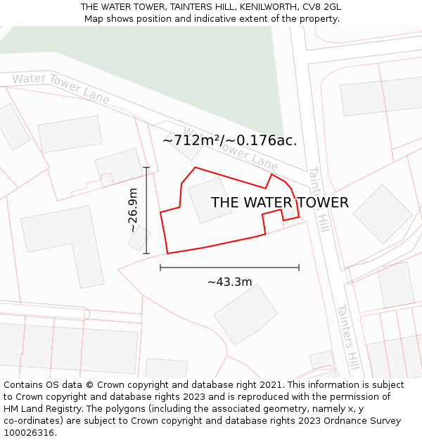 THE WATER TOWER, TAINTERS HILL, KENILWORTH, CV8 2GL: Plot and title map