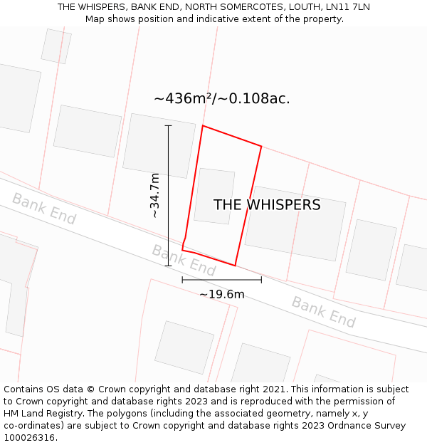 THE WHISPERS, BANK END, NORTH SOMERCOTES, LOUTH, LN11 7LN: Plot and title map