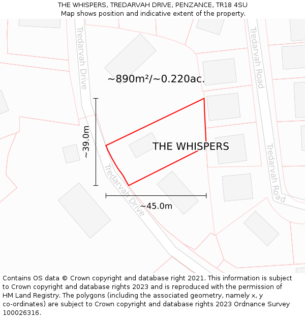 THE WHISPERS, TREDARVAH DRIVE, PENZANCE, TR18 4SU: Plot and title map