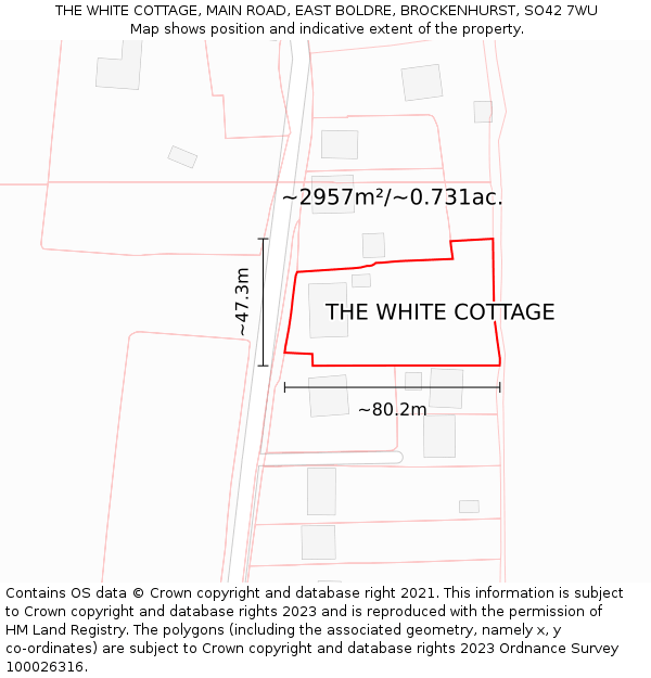 THE WHITE COTTAGE, MAIN ROAD, EAST BOLDRE, BROCKENHURST, SO42 7WU: Plot and title map