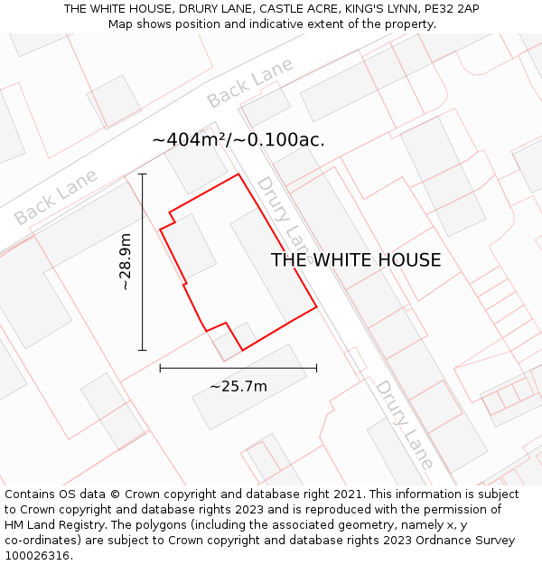 THE WHITE HOUSE, DRURY LANE, CASTLE ACRE, KING'S LYNN, PE32 2AP: Plot and title map