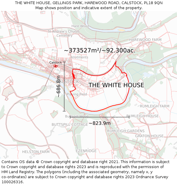 THE WHITE HOUSE, GELLINGS PARK, HAREWOOD ROAD, CALSTOCK, PL18 9QN: Plot and title map