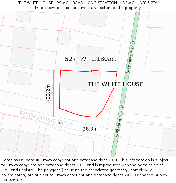 THE WHITE HOUSE, IPSWICH ROAD, LONG STRATTON, NORWICH, NR15 2TA: Plot and title map