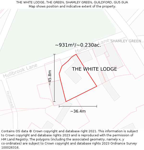 THE WHITE LODGE, THE GREEN, SHAMLEY GREEN, GUILDFORD, GU5 0UA: Plot and title map