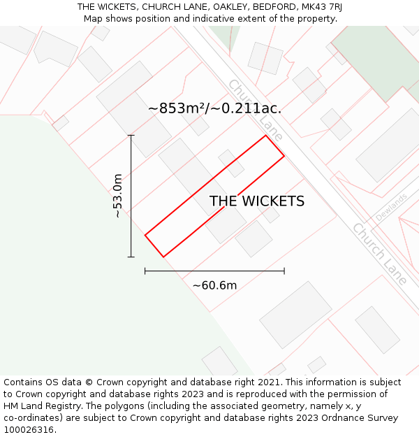 THE WICKETS, CHURCH LANE, OAKLEY, BEDFORD, MK43 7RJ: Plot and title map
