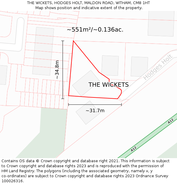 THE WICKETS, HODGES HOLT, MALDON ROAD, WITHAM, CM8 1HT: Plot and title map