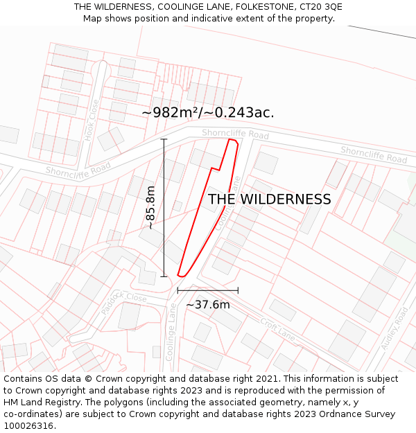 THE WILDERNESS, COOLINGE LANE, FOLKESTONE, CT20 3QE: Plot and title map